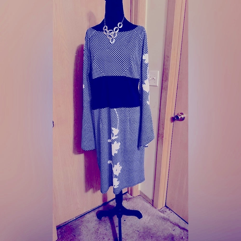 Navy and White Tea Length Dress